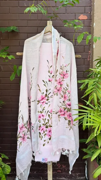 Pink Floral Whispers Hand-Painted Linen Shawl