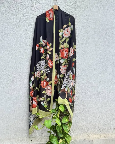 Floral Reverie: Botanical Black Silk Kimono
