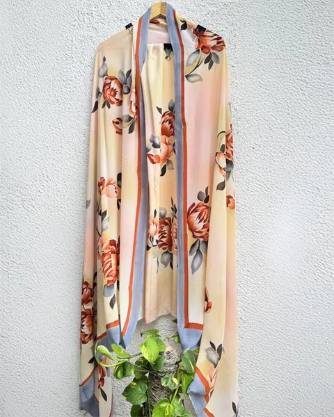 Crimson Blooms Silk Scarf with Striped Trim