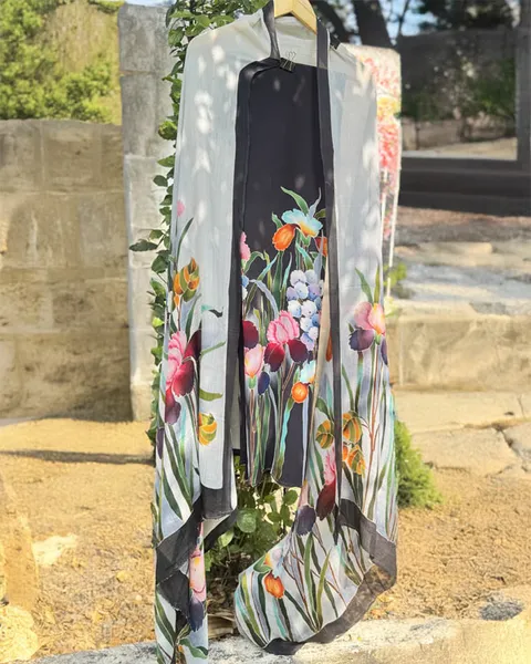 Garden Whispers: Floral Silk Scarf with Birds
