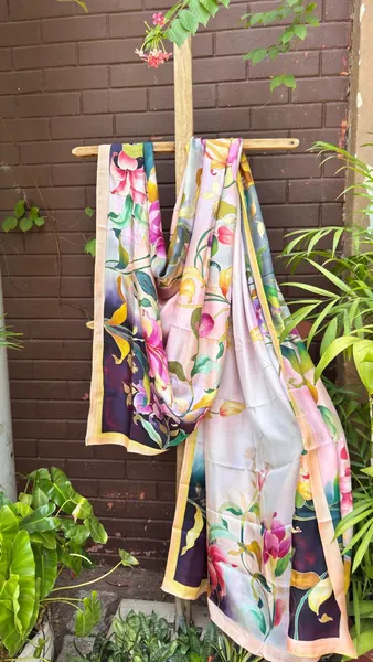 Blooming Garden Silk Dupatta with Golden Borders