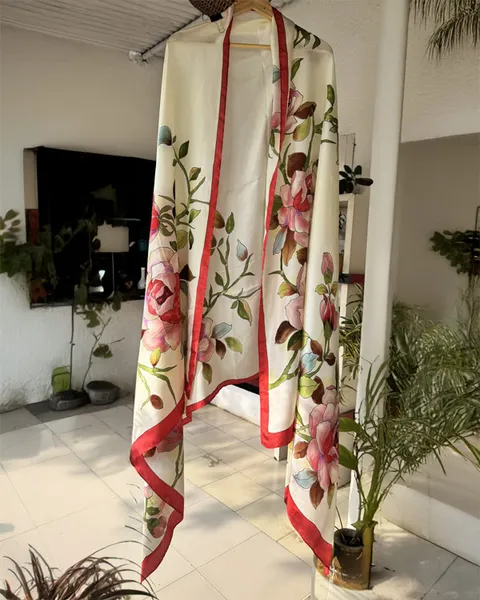 Blooming Garden Dupatta with Crimson Trim