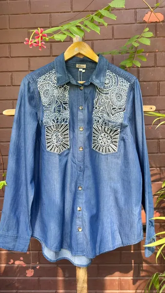 Indigo Mandala Dreams: Hand-Embellished Denim Shirt