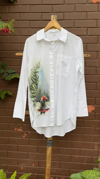 Winter's Solitude: Hand-Painted Evergreen Shirt