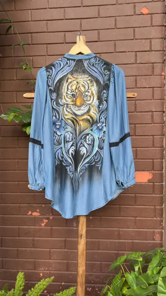 Tiger's Golden Gaze: Ornate Denim Shirt
