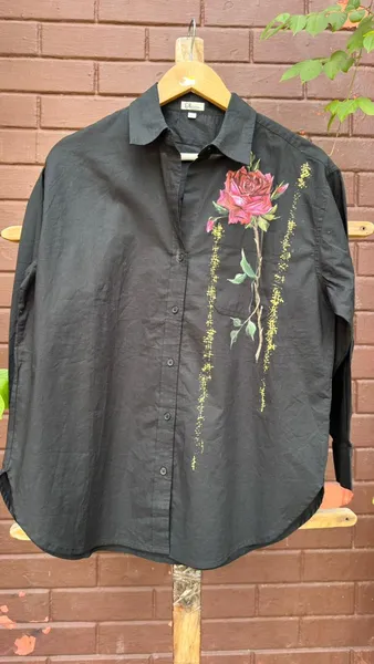 Crimson Rose & Golden Vine Embroidered Shirt