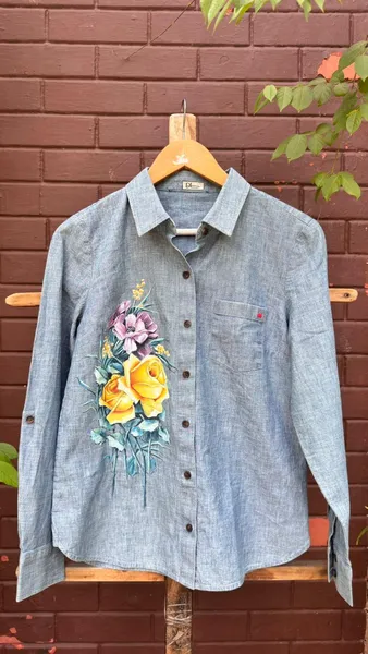 Blooming Reverie: Hand-Painted Chambray Shirt