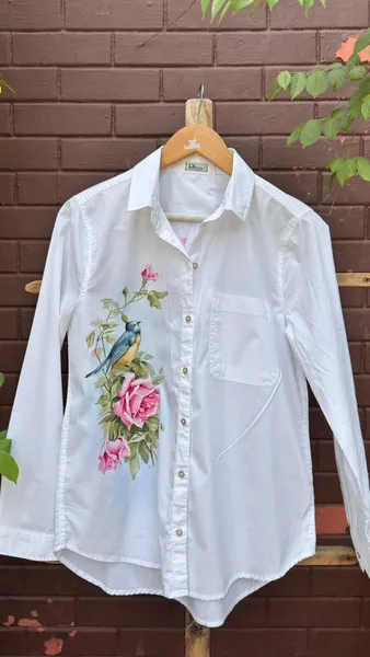 Songbird & Roses: Hand-Painted White Linen Shirt