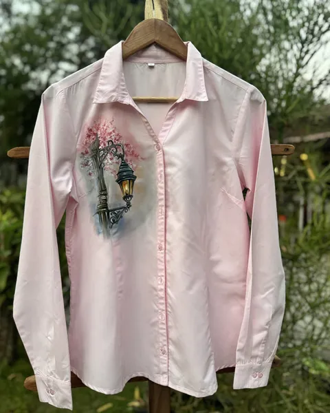 Vintage Lamp & Blossom Hand-Painted Shirt