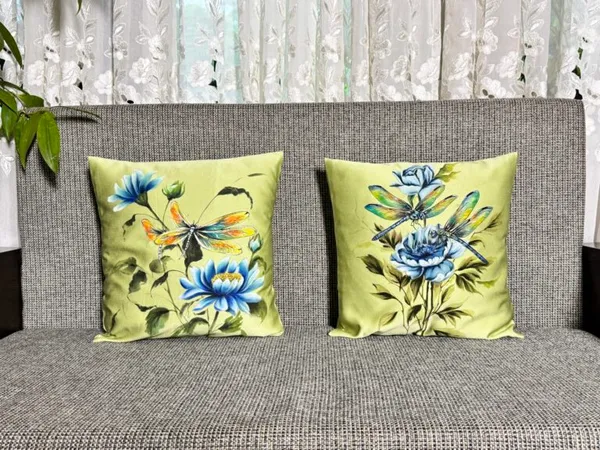 Blue Blooms & Dragonflies on Chartreuse