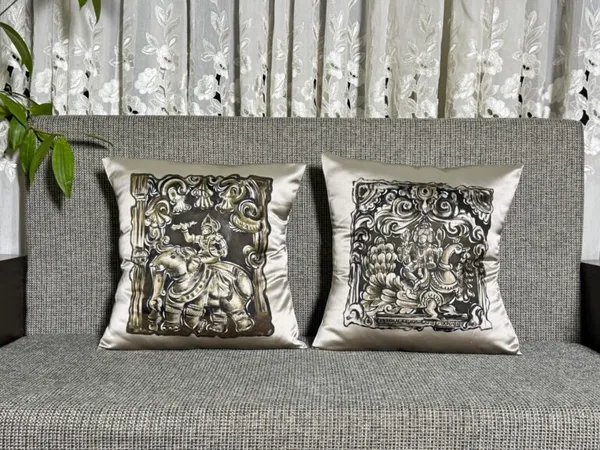 Ornate Silk Cushion Covers with Embossed Mythological Motifs