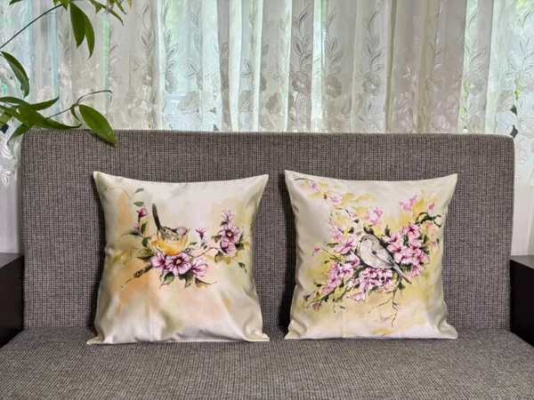 Blossoming Branches: Hand-Painted Floral Cushion Duo