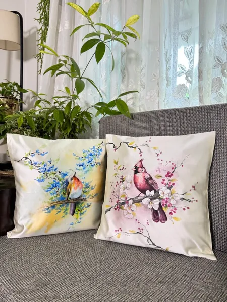Birds in Bloom: Watercolor Cushion Cover Duet
