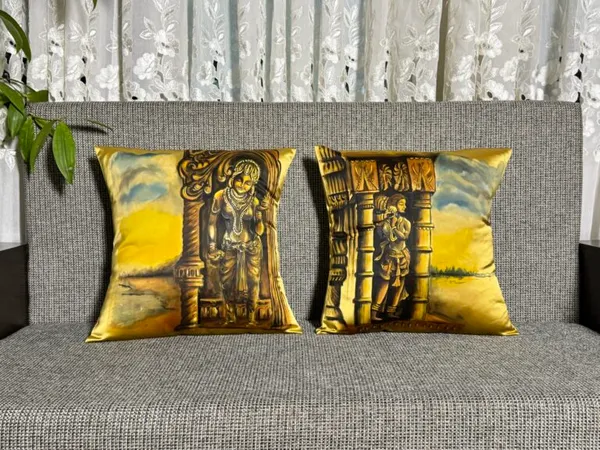 Divine Radiance: Krishna & Radha Silk Cushion Pair