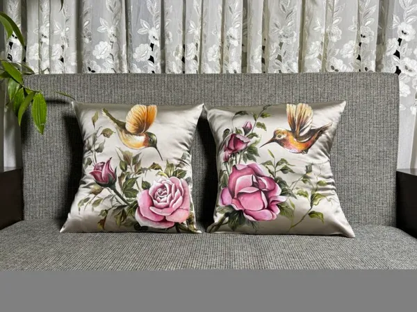Rose and Hummingbird Botanical Cushion Cover Pair