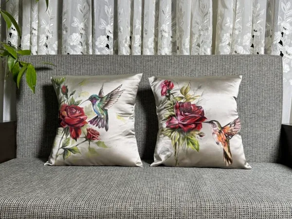 Hummingbirds & Roses: Handwoven Botanical Cushion Pair