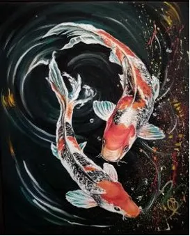 Crimson Currents: Koi Dance in Darkness