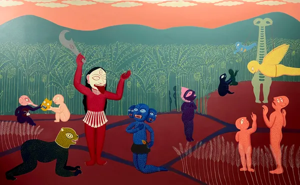 Surreal Garden: Crimson Ritual with Mythical Beings