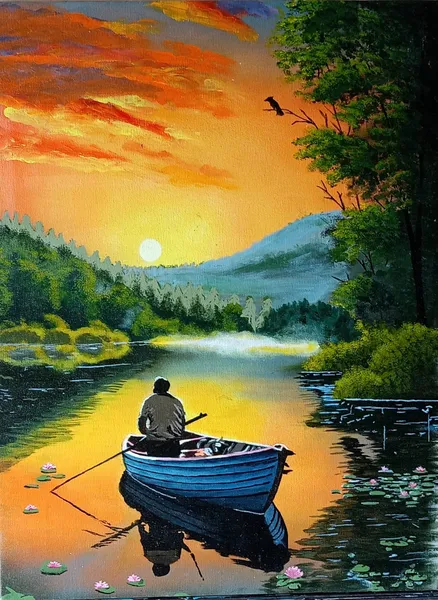 Sunset Reverie: Solitary Fisherman's Golden Hour