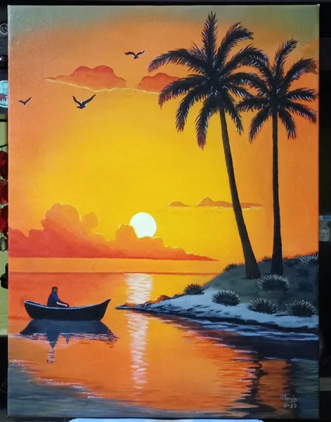 Sunset Reverie: Tropical Paradise with Solitary Boat