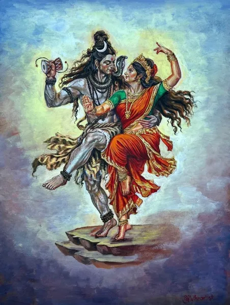 Divine Dance: Shiva and Parvati in Celestial Embrace