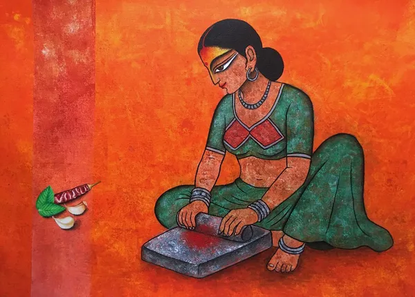 Woman Grinding Spices: A Study in Tradition