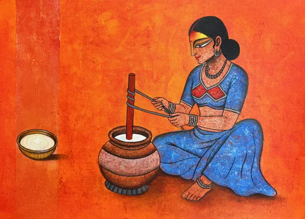 Woman Churning Milk: A Timeless Kitchen Ritual
