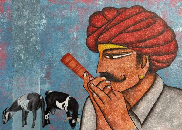 Rajasthani Shepherd's Reverie with Grazing Goats