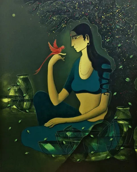 Luminescent Garden: Woman with Crimson Bird
