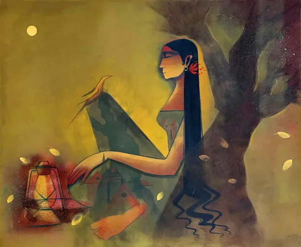 Moonlit Reverie: Woman with Lantern