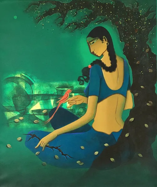 Emerald Serenity: Woman with Scarlet Parrot