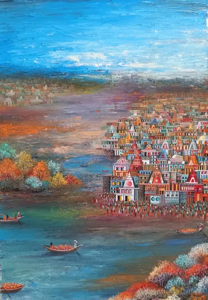 Riverside Temple: A Sacred Vision in Vibrant Hues