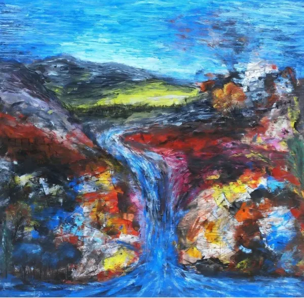 Waterfall Beyond the Hill – Abstract Acrylic Painting